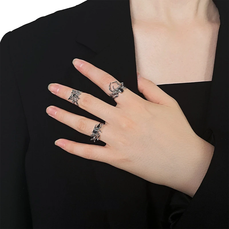 Готически Нередовни пръстени с паяжини от цирконий, Дамски черни Кристални Кухи Пръстени в стил Пънк със забавни животни, подарък за парти, бижута