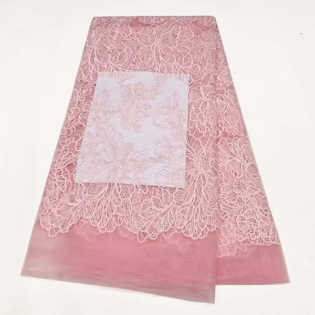 2023 Висококачествено розово лейси плат от френски тюл с 3D цветни пайети за вечерна рокля, африканска лейси плат, зашити за вашата сватбена рокля