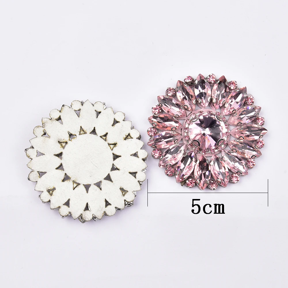 2 бр./лот, апликация от розово кристал цвете с кръгли, Тъканно основа, Sew-ленти за сватбени обувки, дрехи, чанти, аксесоари за украса