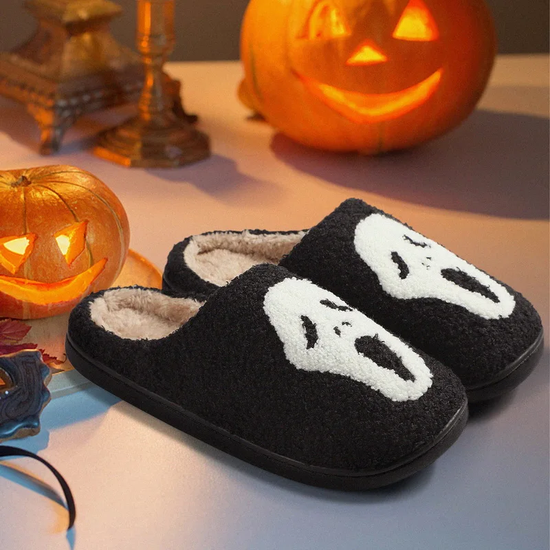 Хелоуин тиква дамски чехли сладък призрак сандали домашни обувки, изработени от памук, пързалки човек закрит спалня плюшени плоски кожени зимни 2023