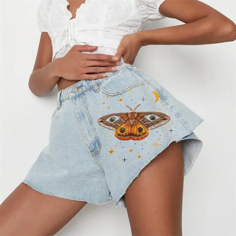 Дънкови шорти 2023, новите модни летни къси панталони в стил пънк с принтом пеперуди, ежедневни панталони големи размери