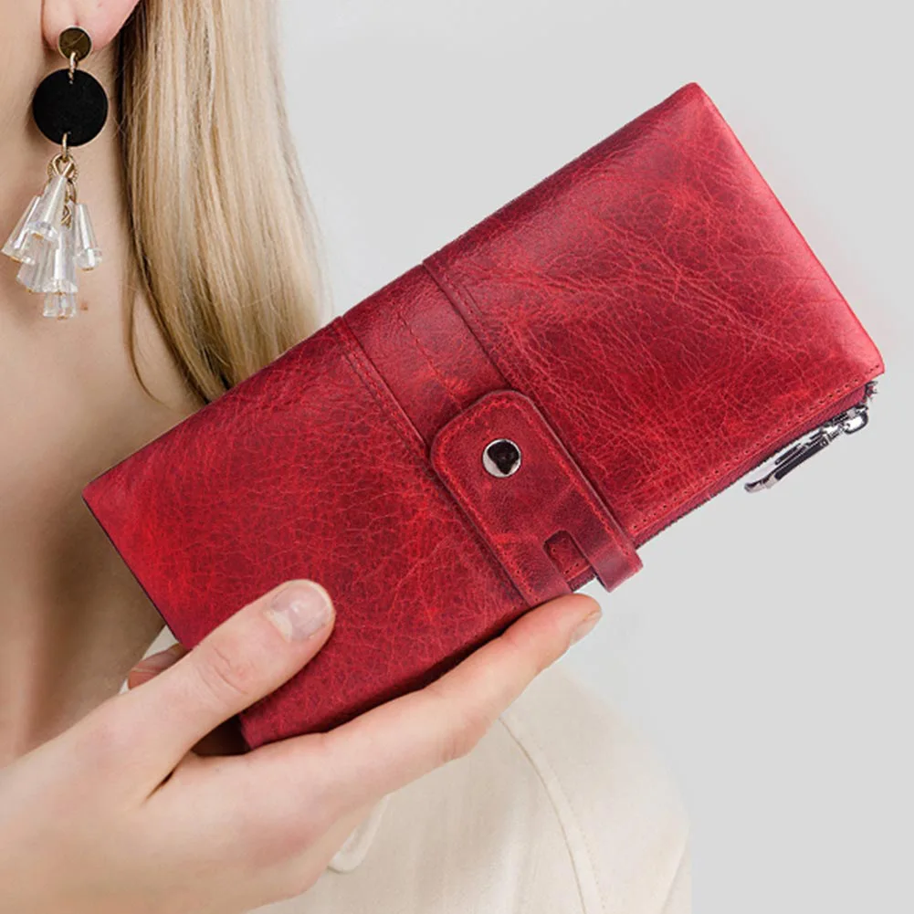 Нов Модерен женски портфейл от 100% естествена кожа, дълги портфейли Rfid Walet, червен портфейл за монети, държач за карти, женствена чанта Portomonee