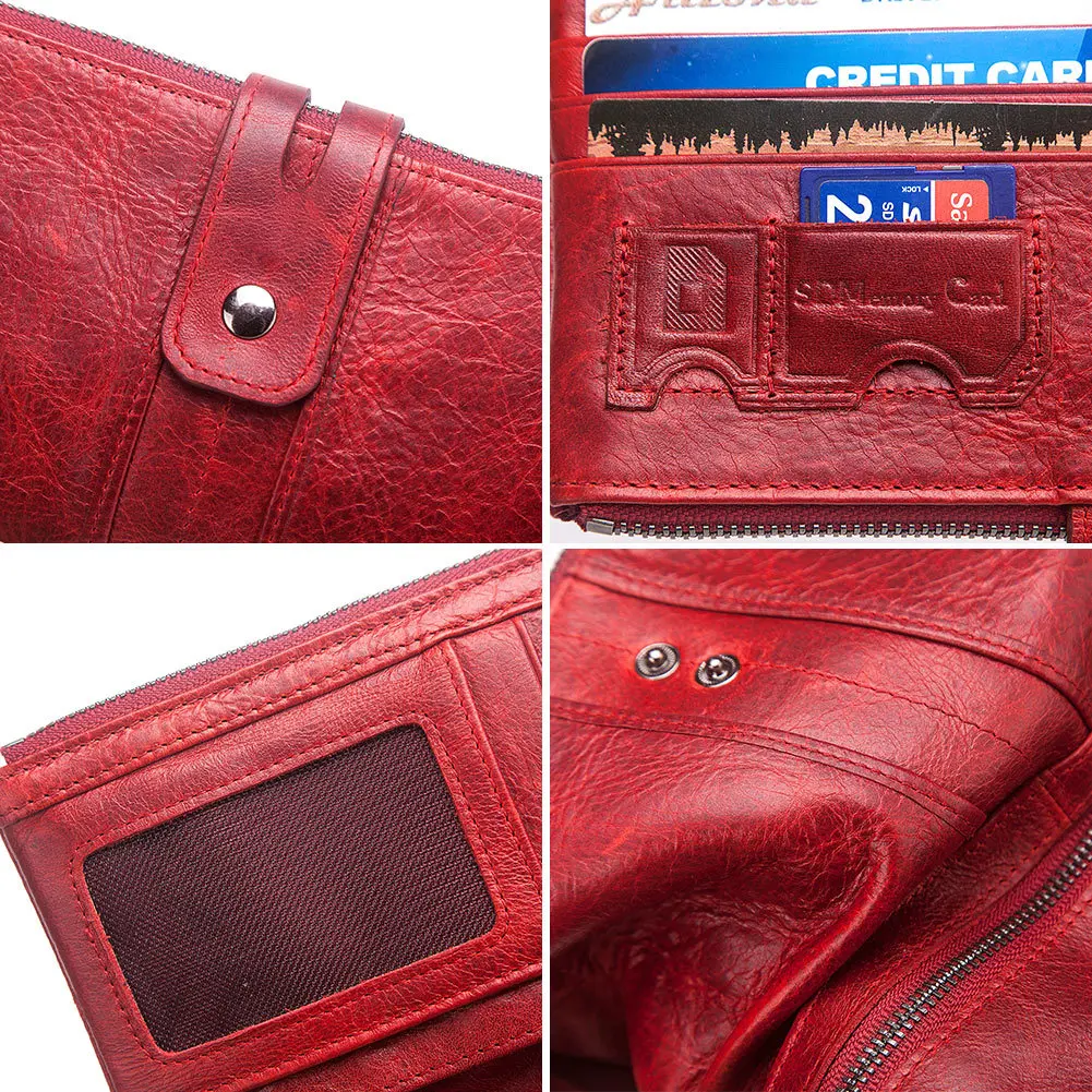 Нов Модерен женски портфейл от 100% естествена кожа, дълги портфейли Rfid Walet, червен портфейл за монети, държач за карти, женствена чанта Portomonee