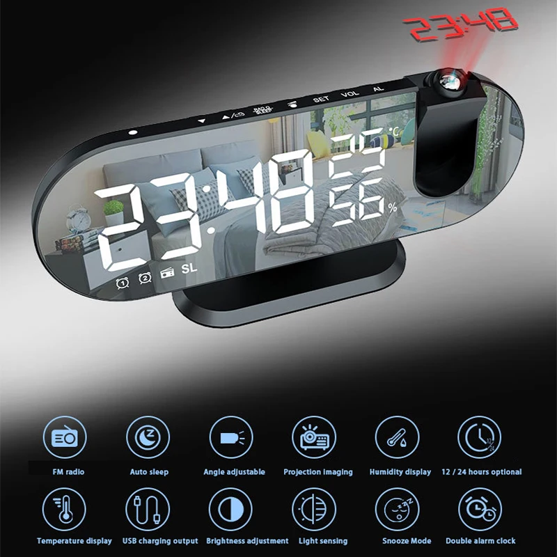 Динамичен RGB прожекционен будилник с цифрова автоматично затъмняване, включване на проектора на 180 °, Настолни часовници 12 Ч / 24 Ч, Електронни led часовници за спални