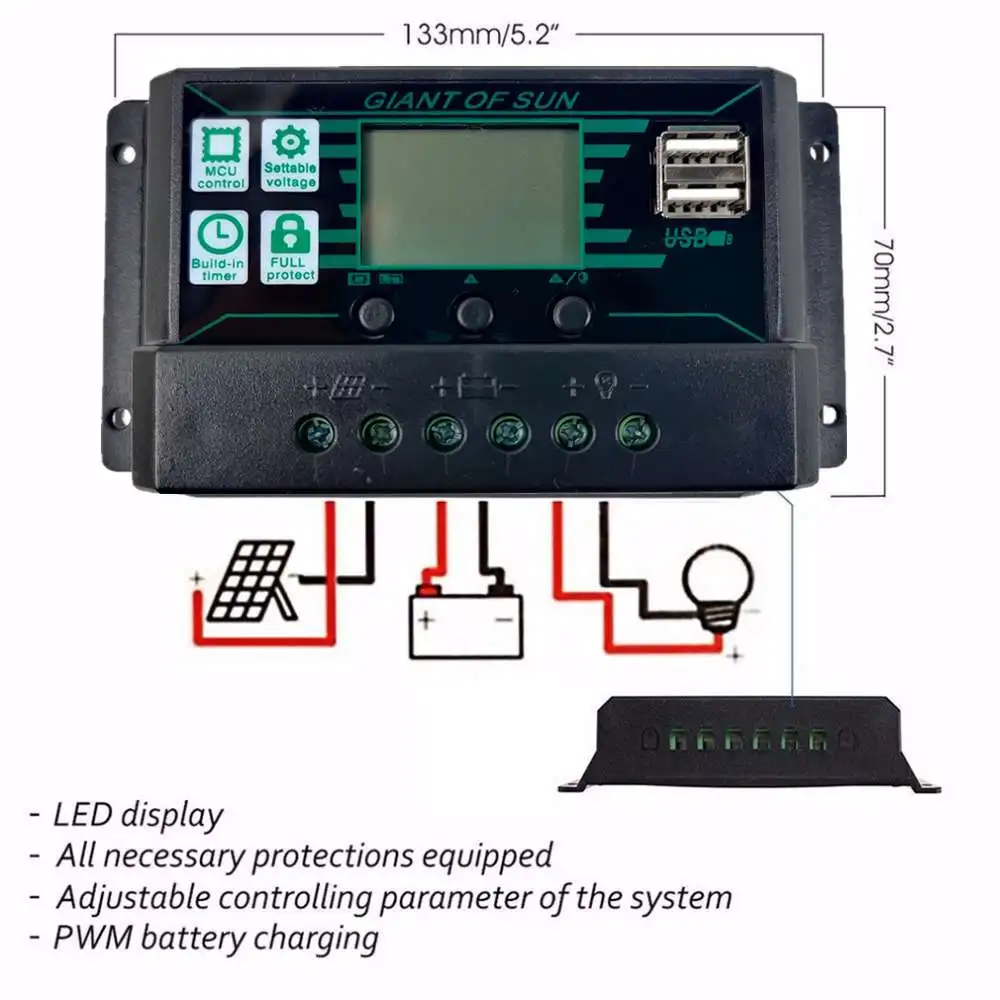 Контролер за зареждане на Слънчеви батерии Контролер за слънчеви Панели С Двойно USB порт 12V/24V MPPT/PWM Автоматично Пареметр Регулируема 100/90/80/70/60A