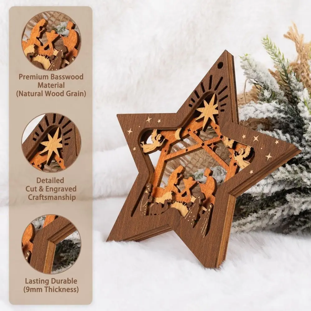 Дървена декорация за коледната елха, Коледната сцена, Дизайн петолъчна звезда, Звездата на Исус, украса, Религиозно ръкоделие