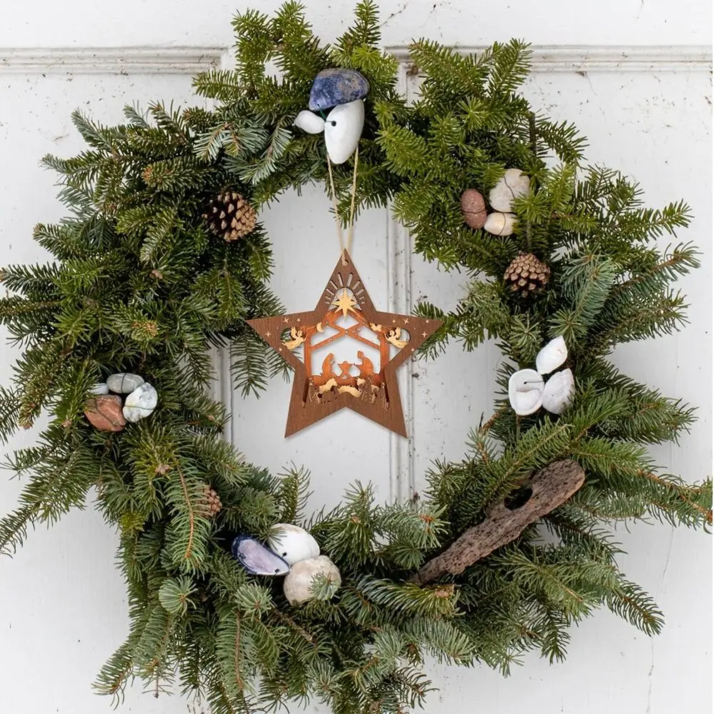Дървена декорация за коледната елха, Коледната сцена, Дизайн петолъчна звезда, Звездата на Исус, украса, Религиозно ръкоделие