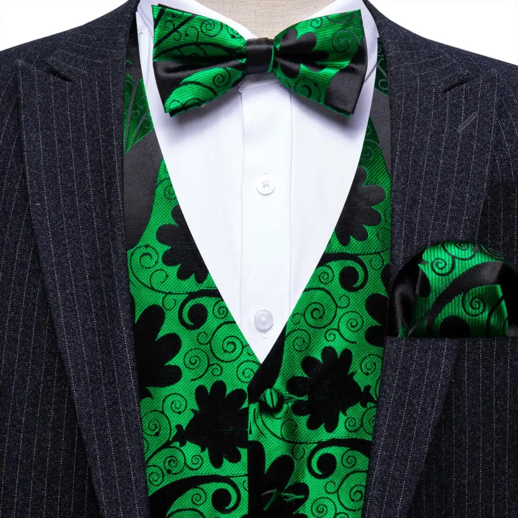 Коприна зелено-черен елек за мъже, луксозни жилетка с цветен модел, папийонка, квадратен комплект с джобове, яке без ръкави, сватбен Бари Ван