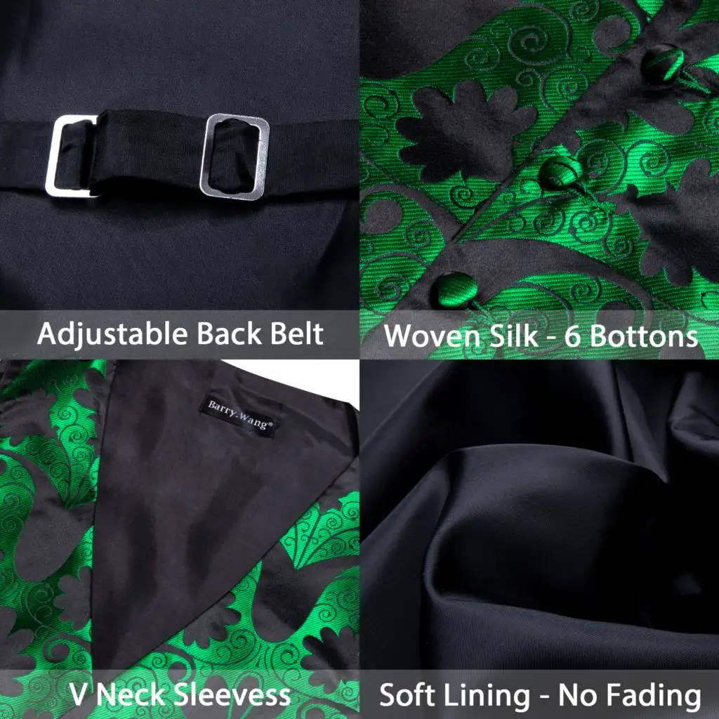 Коприна зелено-черен елек за мъже, луксозни жилетка с цветен модел, папийонка, квадратен комплект с джобове, яке без ръкави, сватбен Бари Ван