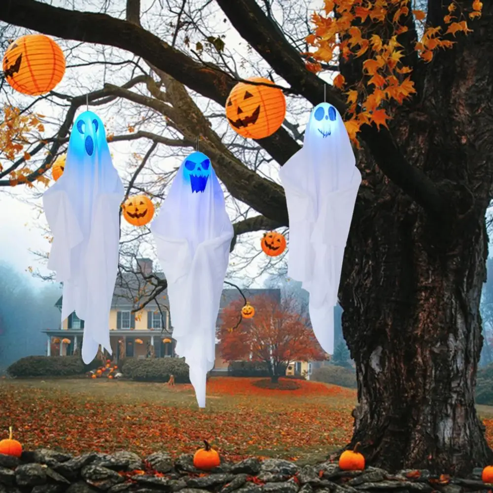 65 * 60 см, Висящи украшения с духове на Хелоуин, Висящи лампи за Хелоуин, Бели летящи призраци, Дърво, на прозореца, на стената, Страшен украшение